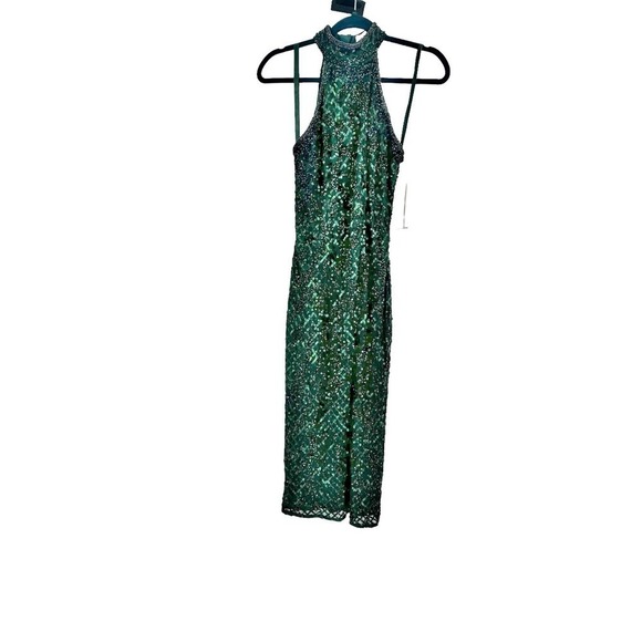Mac Duggal Lattice Sequined Halter Midi Dress Bottle Green Size 2 NWT - Picture 5 of 11